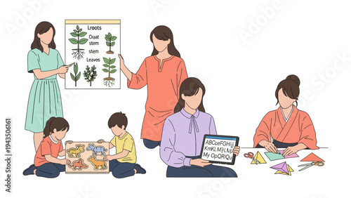 Learning Together: A heartwarming scene unfolds as educators nurture young minds. A group of children engage in interactive learning experiences.