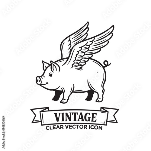 A vintage illustration of a flying pig with wings and a label