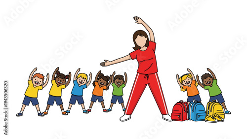 Active learning fun: A diverse group of children and a teacher participate in an exercise program, promoting physical activity and teamwork and creating joyful moments.