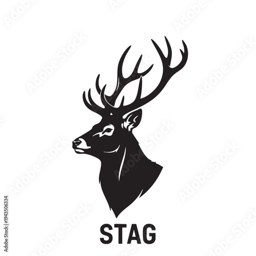 A black illustration of a stag's head with antlers on a white background.