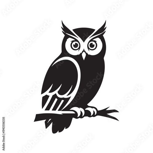 A black silhouette of an owl perches on a branch with a white background.
