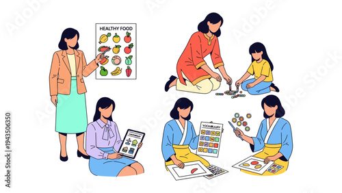 Diverse Learning Moments: Illustration of a woman in various scenes of teaching about food or art in a educational enviroment.