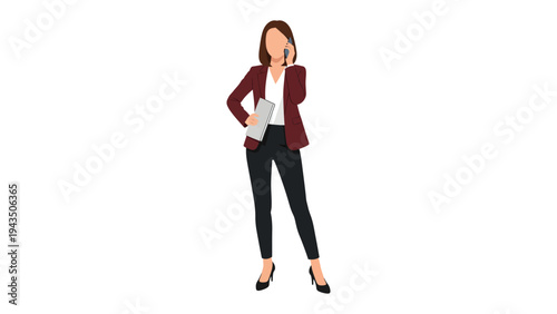Businesswoman's Call: A confident businesswoman engages in a phone call, balancing work and communication with poise, standing tall in a professional setting.