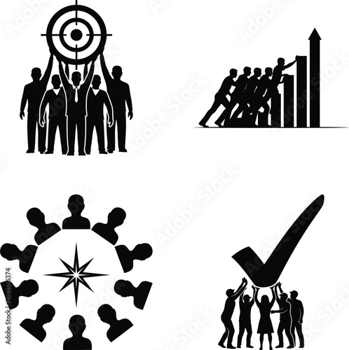 Team target and success icons silhouette for goals and agreement