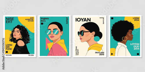Modern Fashion Poster Set with Stylish Women Portraits in Flat Vector Illustration Retro Colorful Graphic Design Collection