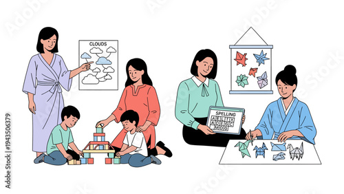 Nurturing Minds in Educational Moments: A set of scenes showcasing two teachers actively engaged with children in an educational setting.