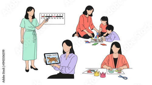 Teaching and Learning: A compilation of illustrations showcasing the various facets of education and child development, depicting the dynamic interaction between teacher and students