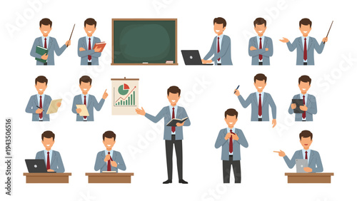 Educator in the Classroom: A compilation of professional educator engaged in variety of activities, from teaching to note-taking to the use of a laptop. Representing modern, well-dressed.