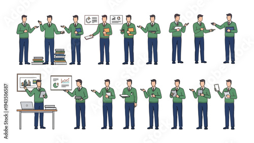 Presenting a Multitude of Roles: A collection of illustrations showcases a person, each depicting various roles, professions, and scenarios with diverse props.