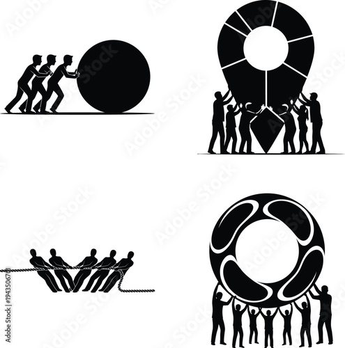Teamwork pushing boulder, pie chart and tug of war, business effort vector