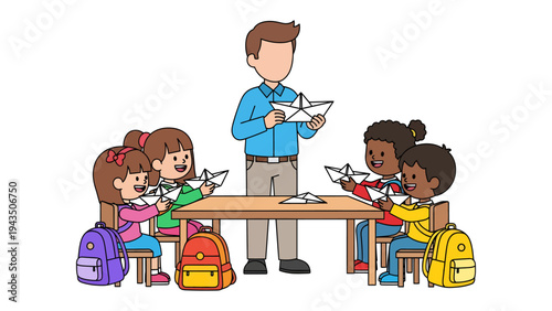 Paper Boat Crafting: A teacher guides a group of enthusiastic young learners in the art of paper boat folding, fostering creativity and teamwork. 