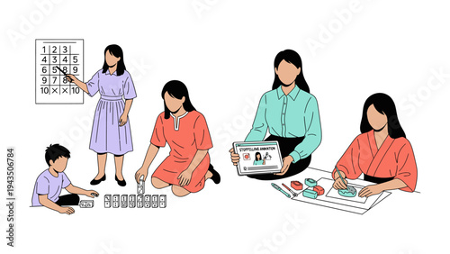 Creative Educators and Children: A group of educators creatively guiding children in learning through numbers, shapes, and creative activities.