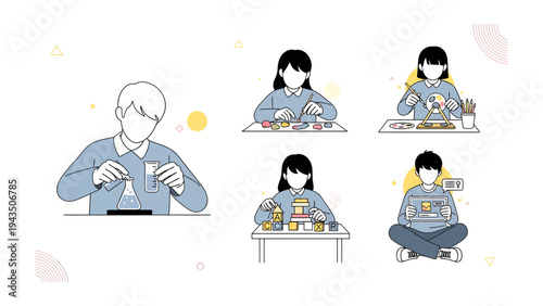 Crafting Creative Moments: A collection of individuals immersed in various art and craft activities, creating unique pieces and expressing their individuality.