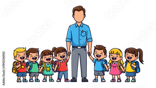 Schooltime Pals: A group of excited kids stands side-by-side with teacher. Ready to begin a day of learning, friendship, and discovery. Each carrying a backpack