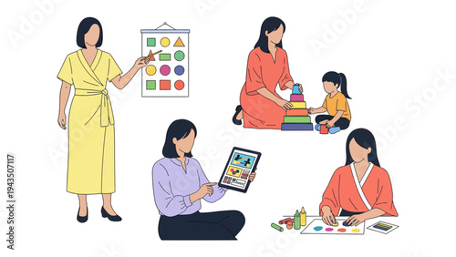 Early Childhood Education: A teacher engaged in early childhood education activities, including teaching geometric shapes, guiding a child in a tower-building activity, presenting a digital device.
