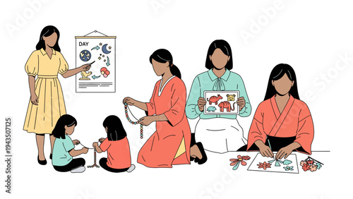 Creative Women in the Classroom: Capturing women in various creative acts with a child, celebrating the joy of learning and the artistic spirit.