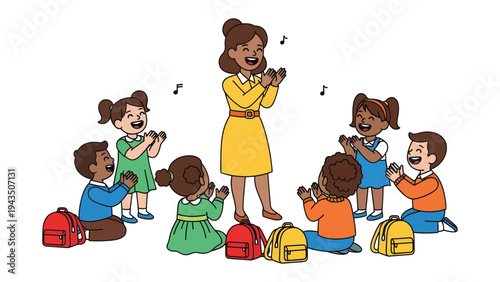 Harmony of Childhood: A teacher and a group of children clapping and singing, illustrating the joyful harmony of learning and music in a classroom. 