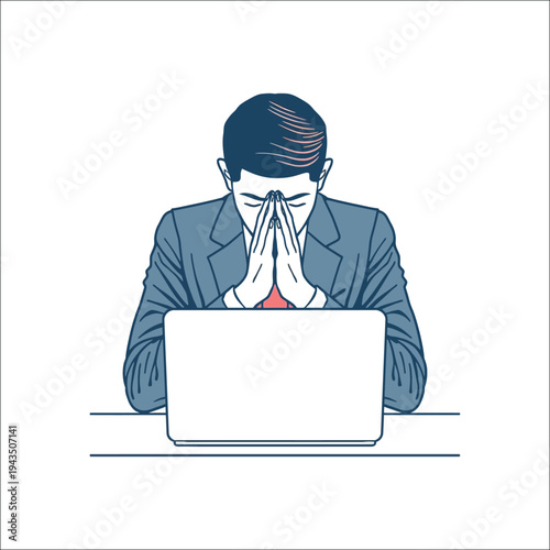 Stressed Businessman Praying at Office Desk with Laptop Illustration