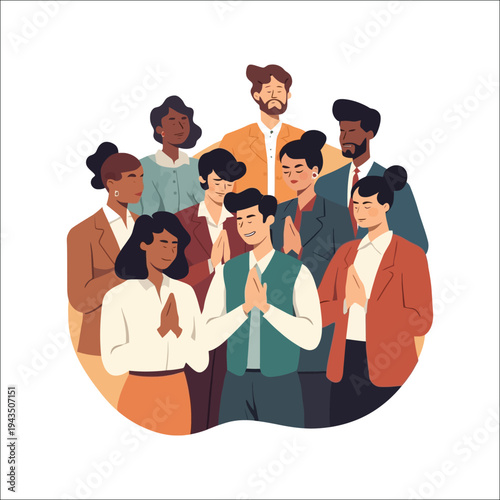 Diverse Business Team Praying Together Vector Illustration Multicultural Group Prayer