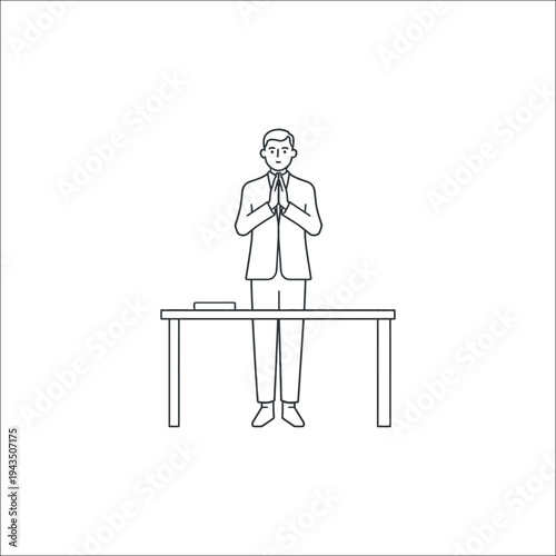 Businessman Praying at Office Desk Line Art Illustration
