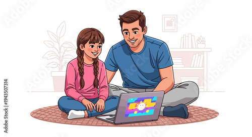 Father and daughter using laptop together on floor at home