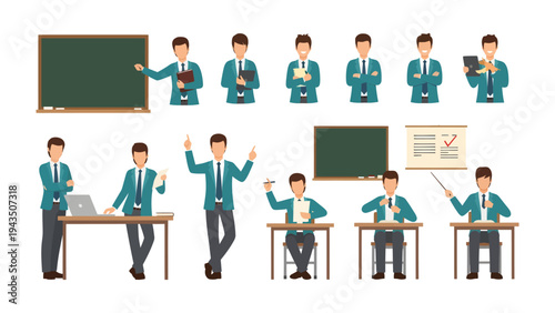 Educational Ensemble: A compilation of professional educators, each meticulously presented in dynamic poses, engaging in various teaching activities. This image encapsulates the essence of pedagogy.