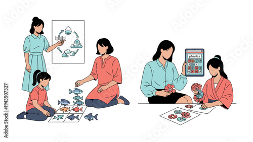 Education in Progress: Two educational scenes capture moments of knowledge transfer. A mentor shows knowledge to their student.