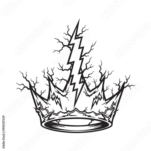 A crown with lightning bolts and branches on fire in a dramatic scene.