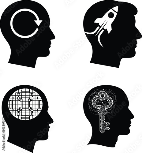 Head silhouettes with symbols refresh cycle, rocket launch, grid mind, key