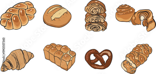 Bakery vector set with hand-drawn bread and pastries. Illustration of croissant, pretzel, braided bread, buns, and loaf. Freshly baked wheat products for bakery menu design, cafe branding