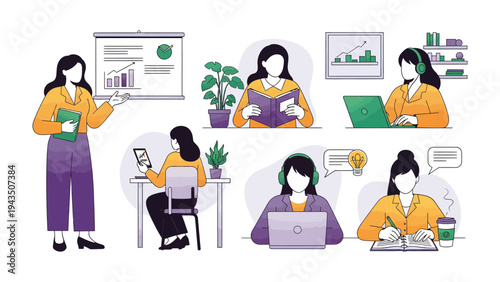Daily Activity: Illustration of diverse woman, showcasing her daily activities, from presenting data to enjoying a cup of coffee.
