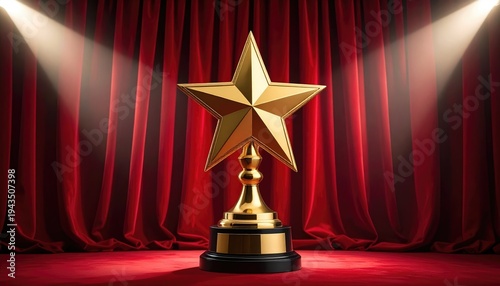 A golden star award on a red carpet with spotlight and a velvet curtain background. The award has a star shape