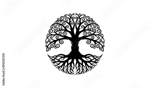 Celtic Tree of Life Symbol with Symmetrical Roots and Branches Decorative Vector Emblem