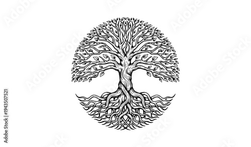 Tree of Life with Intricate Roots and Branches Sacred Nature Symbol Vector Line Art Illustration