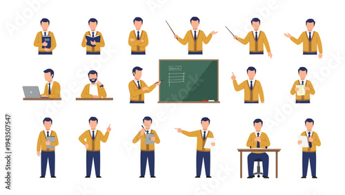 Teacher's Actions: A collection of various action poses of a teacher, illustrating their daily activities, including teaching, presenting, and interacting. 