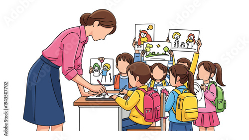 Art Class Harmony: An image capturing the essence of an art class, where a teacher nurtures young students, guiding them as they express themselves through art and drawing.