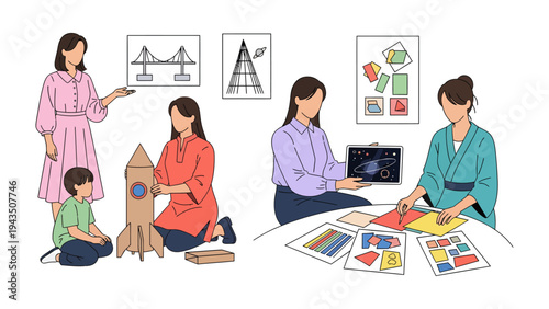 Creative Learning: Depicting a series of diverse individuals engrossed in hands-on activities, sparking curiosity and fostering skill development, and illustrating the beauty of knowledge