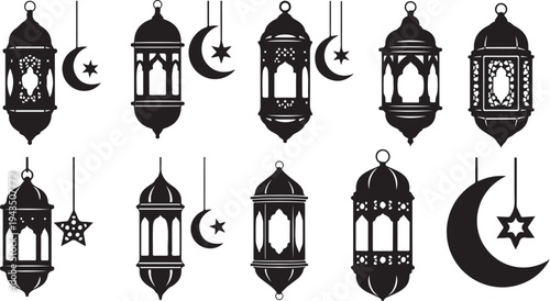 Black and white Islamic lanterns and moon crescent symbols