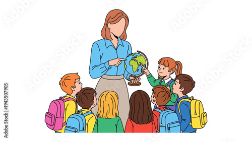Education in Motion: A teacher engages a group of inquisitive children, sparking their curiosity about the world as she points to the geography and the globe.