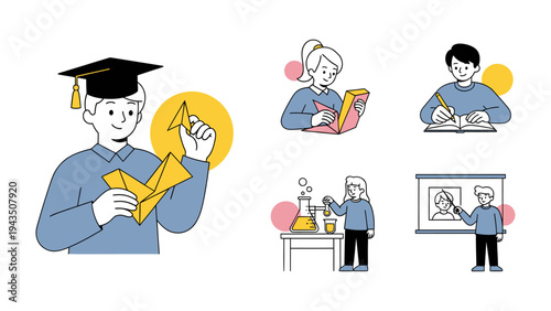 Education Illustration Collection: A collection of educational illustrations capturing the essence of learning, each showcasing various activities and aspects of academic pursuit.