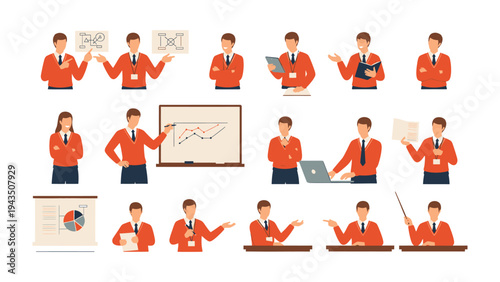 Business Presentation Elements: A curated collection of diverse business professionals, each poised in a variety of presentation gestures.