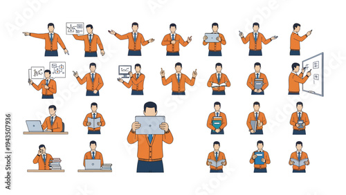 Businessman in Action: A dynamic illustration showcases a businessman in various poses, gestures, and with tools in use. Perfect for business, presentations, and communication concepts.