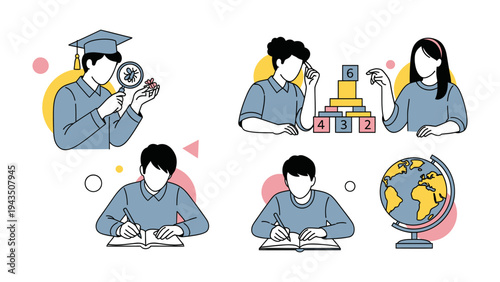 Education and Exploration: Illustrated scene depicting diverse stages of learning, from a student's curiosity to the pursuit of knowledge.