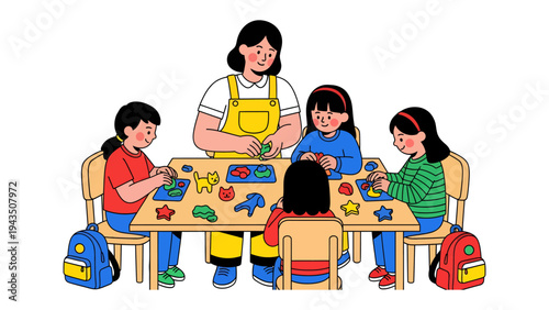 Creative Minds at Play: A nurturing educator guides a group of young students as they engage in creative activities at their desks.