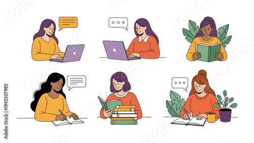 A Collection of Moments: Illustrated scenes capturing women in various moments, including typing on a laptop, reading a book, or taking notes, surrounded by speech bubbles and leafy plants.