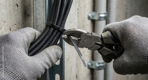 An electrician wearing work gloves cuts off excess cable ties on a thick cable bundle.