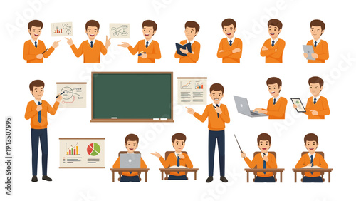 Presentation Set in the Classroom: An energetic instructor leads an interactive session, conveying diverse content through dynamic gestures and instructional props. 