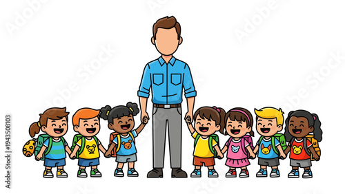 Friendship and Learning: A heartwarming depiction of a teacher and a group of happy children, united in a symbol of community and growth, as they get ready for the day ahead.