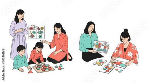 Education's Guiding Hands: Depicting educators leading children through diverse learning environments, fostering growth through engaging activities, games, and illustrative tools. 