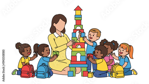 Building Blocks of Early Education: A teacher guides a group of diverse children as they collaboratively build a tower of colorful blocks, symbolizing early childhood education and development.